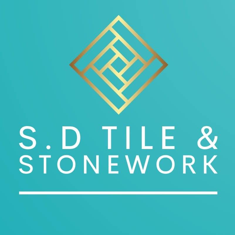 A square of golden interlocking tiles with the words S D Tile and Stonework underneath